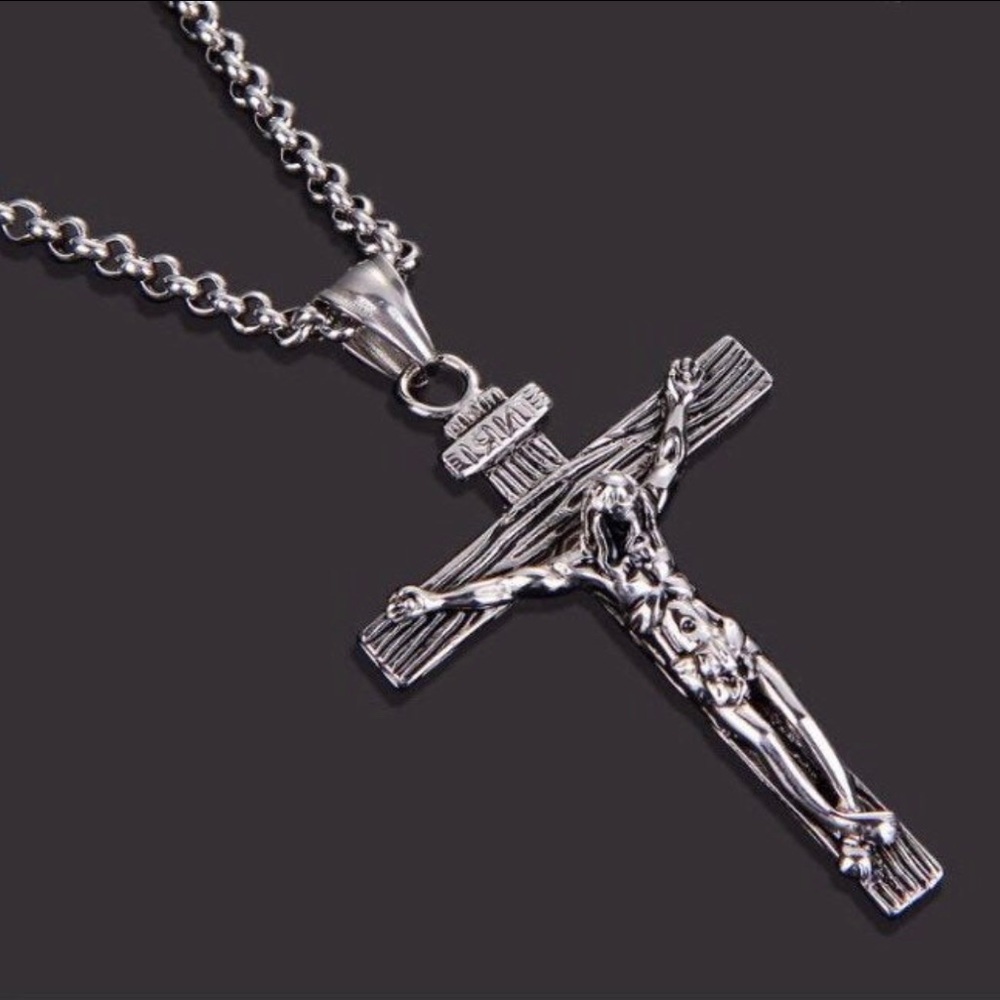 NWT - 22” MENS Religious Oxidized 316L Stainless Steel CRUCIFIX Cross Pe…
